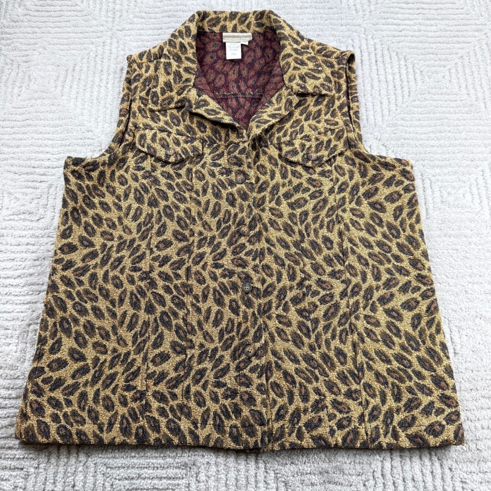 Coldwater Creek Tapestry Vest Womens L Leopard Animal Print Safari Earthy Indie